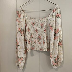 American Eagle Floral Smocked Peasant Top S | Boho Long Sleeve Square Neck Blous